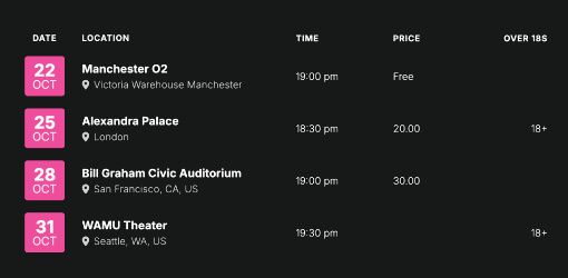 Tour date listings